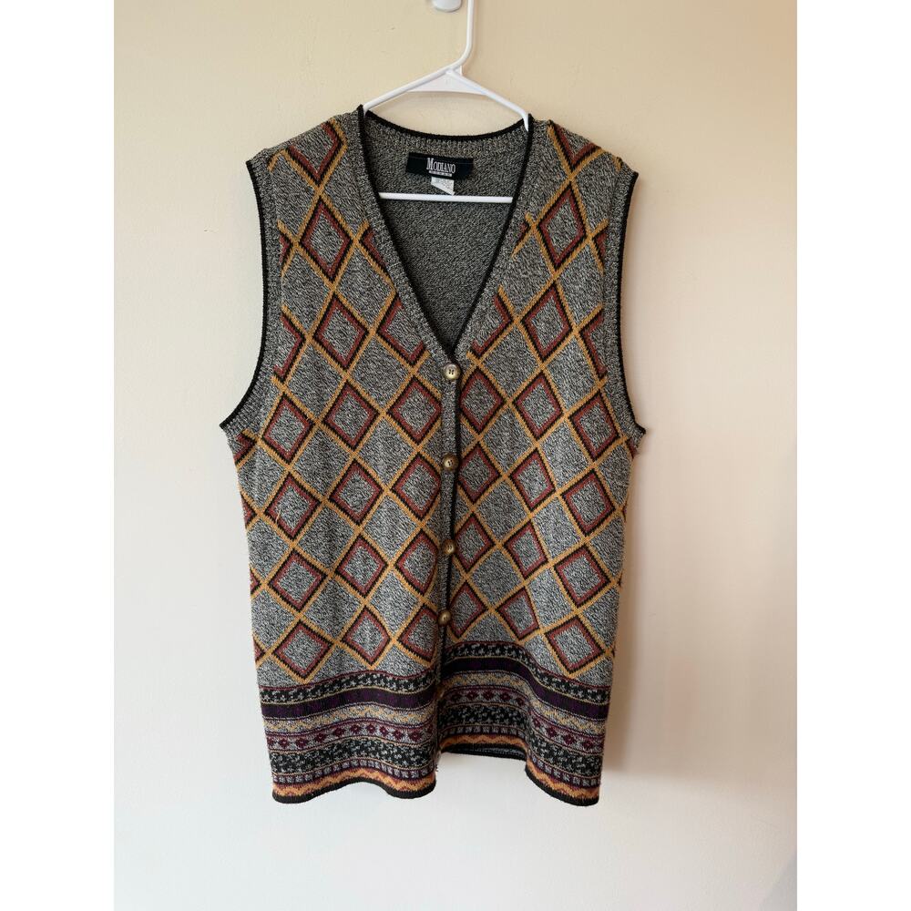 Vintage Modiano Cardigan Vest Sweater Womens 2X Gray Argyle Acrylic Button Front